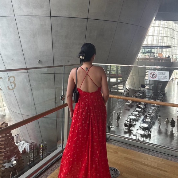 Zara Red Maxi Slip Dress with Gold Floral Print - Picture 5 of 5